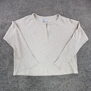 EVERVE Ribbed Knit Henley Vneck Top Long Sleeve Beige Size L Preppy Minimal
